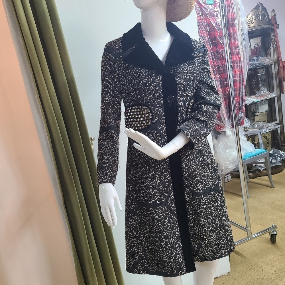 Etro Embroidered Velvet Trim and Jeweled Button Up Coat European 44